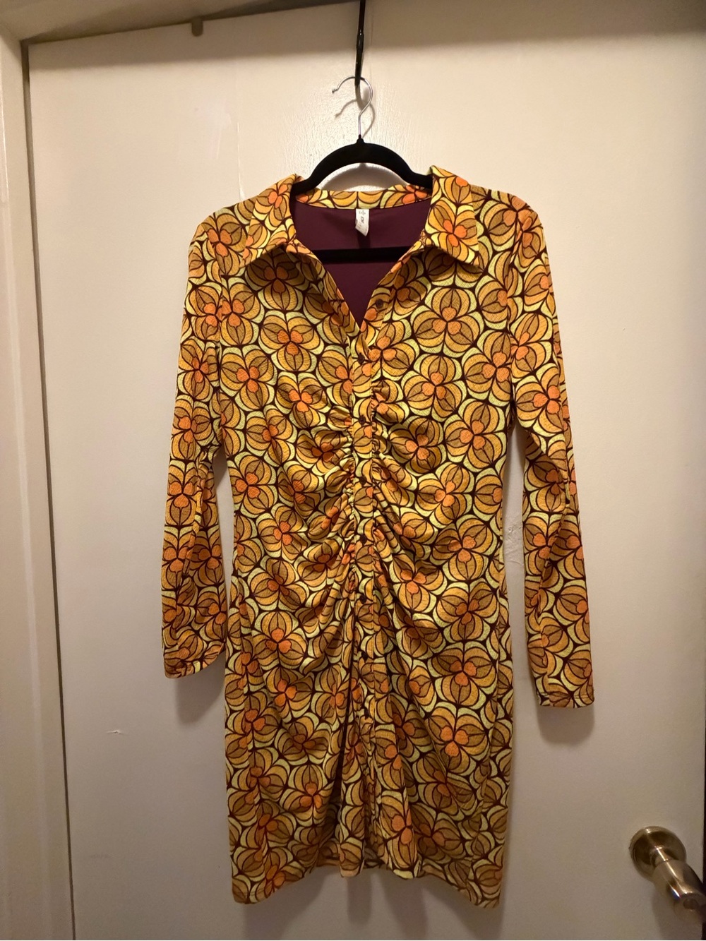 Retro Ruched Front Long Sleeve Floral-Print Dress in Yellow